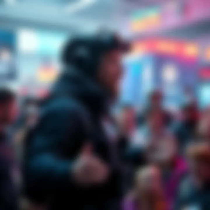 Time Traveler Talks About AI A person dressed in futuristic clothing speaks to a crowd about the future of AI technology