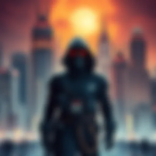 A person dressed in futuristic clothing stands in front of a dystopian cityscape, warning about an impending apocalypse.