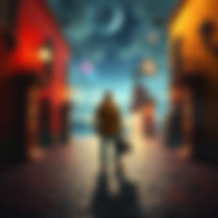 A time traveler standing at a crossroads between different historical eras, looking contemplative about their afterlife options.