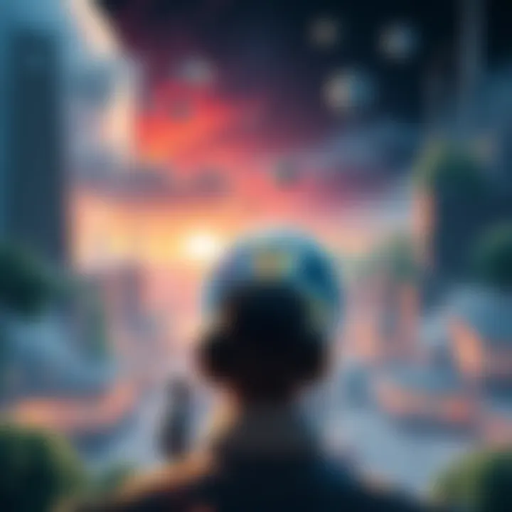 A futuristic scene depicting time travelers observing a busy cityscape, with elements of nature struggling against pollution and technology