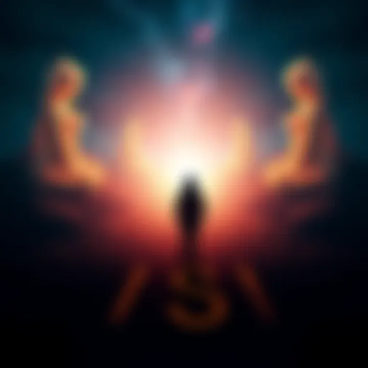 A figure standing at a crossroads, symbolizing the choice between life and the afterlife, surrounded by a soft glow representing a timeless realm.