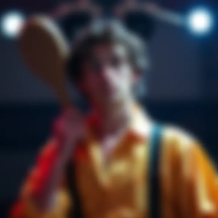 Timothee Chalamet in a controversial scene, holding a paddle in a dramatic pose during a performance in Marty Supreme.