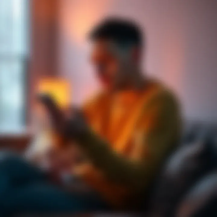 A person sits on a couch with a smartphone in hand, looking thoughtful while using a dating app, reflecting on love and self-discovery in the new year.