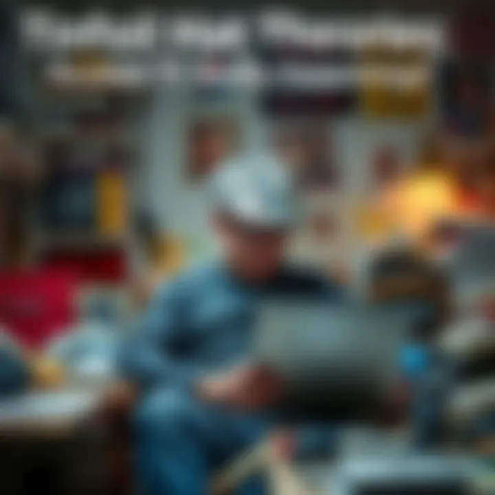 A man sits in a cluttered room, wearing a tinfoil hat and looking at conspiracy theory articles on a laptop.