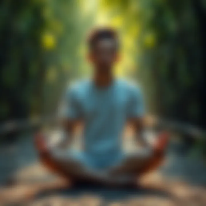 Person experiencing tingling sensation Individual sitting cross-legged with eyes closed, feeling a tingling sensation spreading from feet to head, surrounded by calming nature