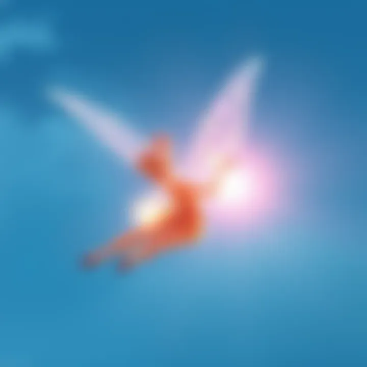 A bright, sparkly object resembling a fairy flying in a blue sky
