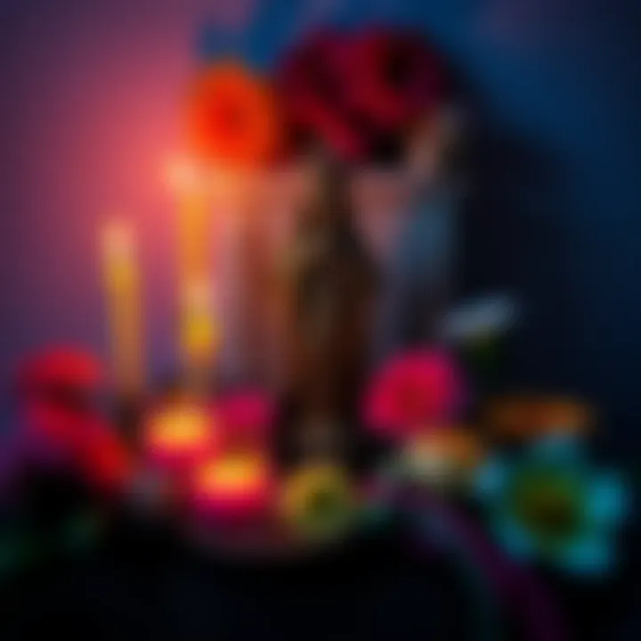 A small altar featuring candles and a statue of Santita Muerte, surrounded by vibrant flowers, depicting a moment of personal faith and reflection.