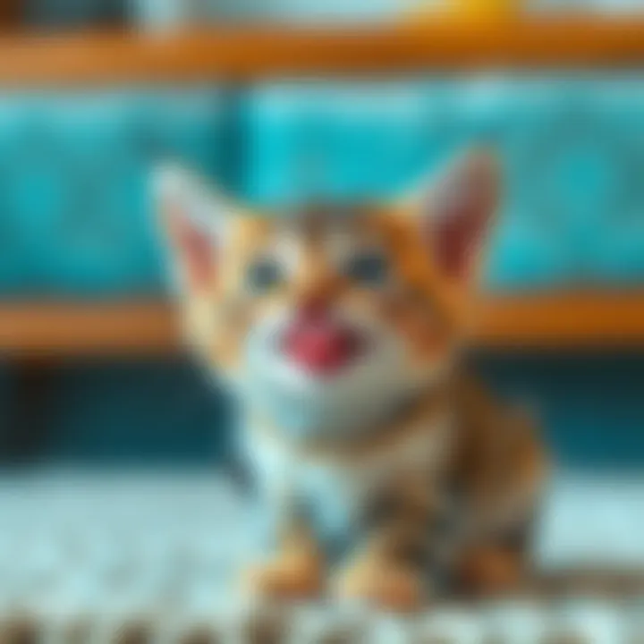 A small cat sticking its tongue out, showing off a cute little blep while sitting playfully.