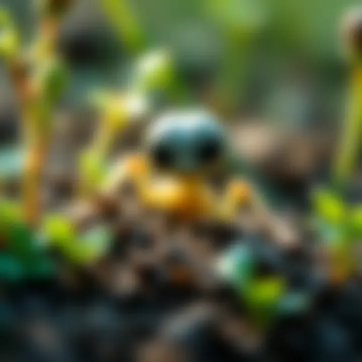 A close-up view of a small alien creature in a natural setting, surrounded by plants and soil, suggesting the possibility of tiny extraterrestrial life forms on Earth.