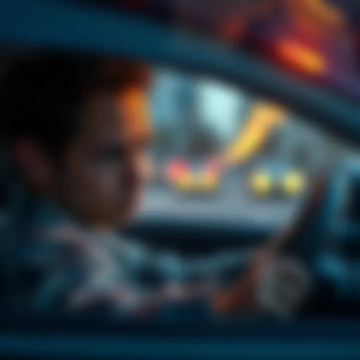 A tired driver struggling to stay awake at the wheel, with a worried expression, illustrating the dangers of exhaustion while driving.