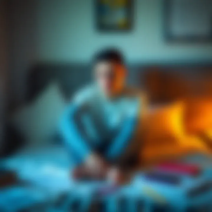 A 20-year-old person, dressed casually, sits on a bed with a tired expression, surrounded by work materials and a phone, showing signs of exhaustion.