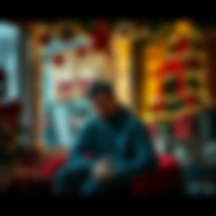 Person looking tired during the holidays A person sitting alone with a somber expression, surrounded by holiday decorations, reflecting on feelings of exhaustion and stress.