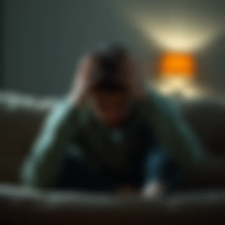 A weary person sitting on a couch, looking drained and contemplative as they hold their head in their hands, reflecting feelings of exhaustion and mood swings since late 2022.
