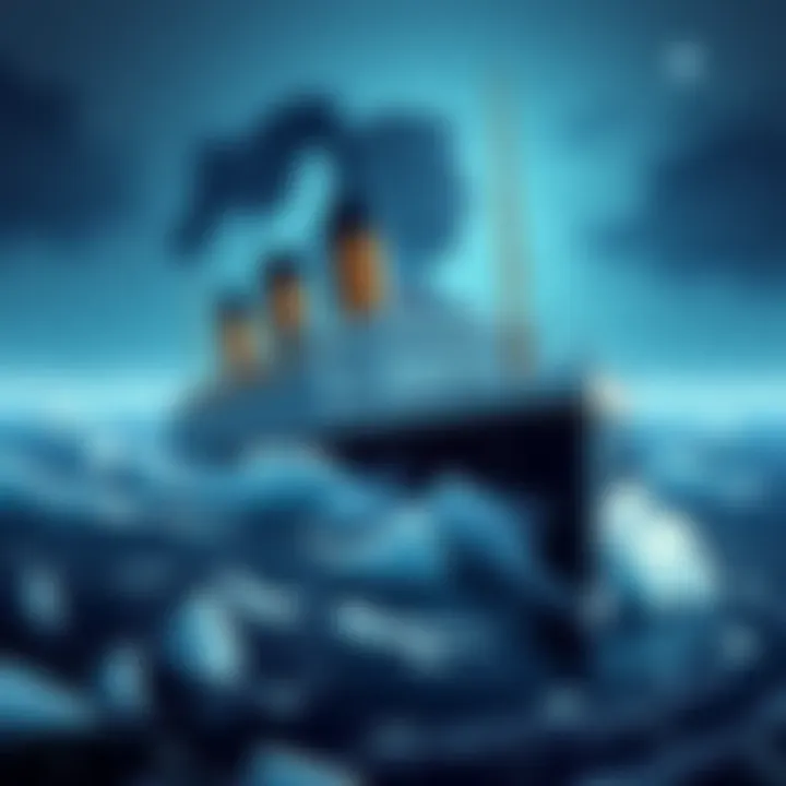 Illustration of the Titanic sinking in icy waters, with a shadowy profile resembling J.P. Morgan in the background, suggesting a hidden influence.