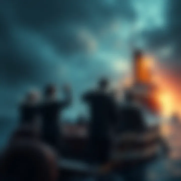 Group of Titanic survivors on a lifeboat looking towards a distant ship that is not responding to their SOS signals