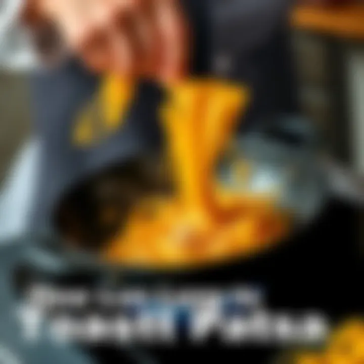 A chef toasting uncooked pasta in a skillet over medium heat, with golden-brown color starting to form on the pasta.