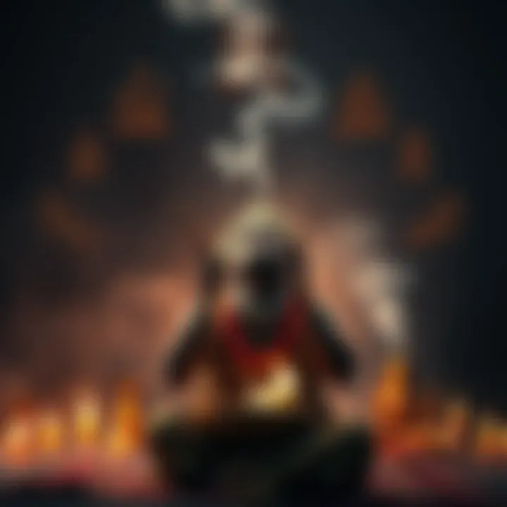 A person performing a tobacco ritual with smoke rising towards the sky, surrounded by symbols of various gods, showcasing the spiritual connection between tobacco and deities.