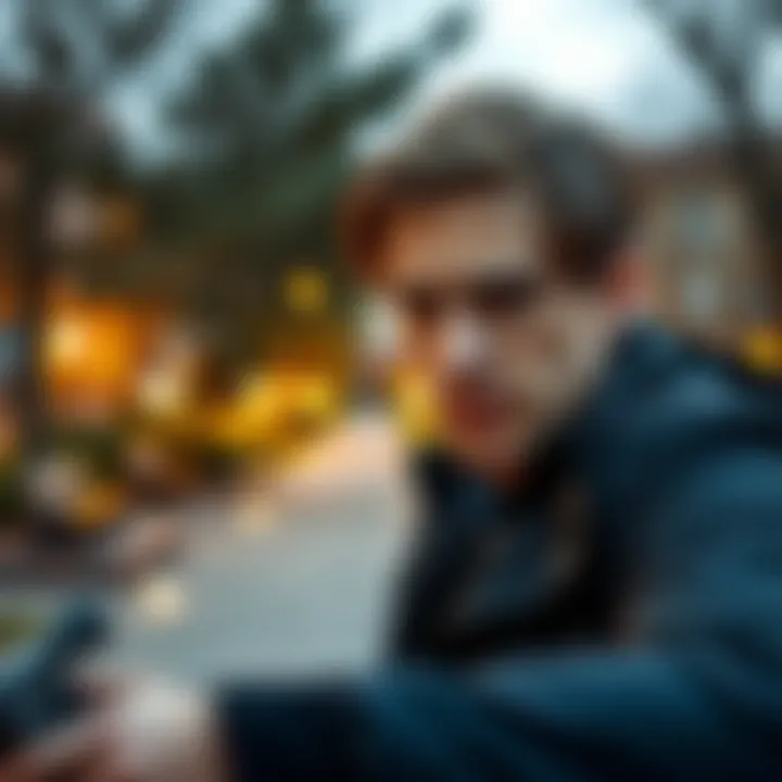 Todd searching for clues Todd looking for clues in a park with a determined expression