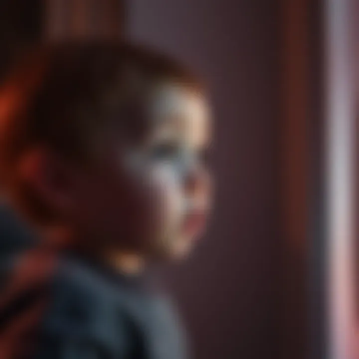 A curious toddler gazing at a faint shadow on the wall, with wide eyes and a surprised expression, in a softly lit room.