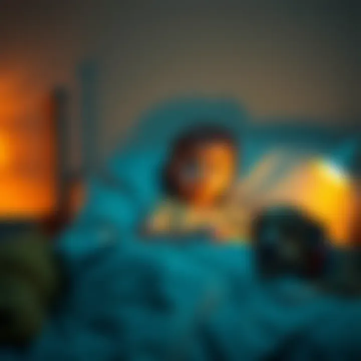 A scared toddler sitting up in bed, looking frightened with a nightlight glowing softly in the background. A family dog is lying nearby, providing comfort.