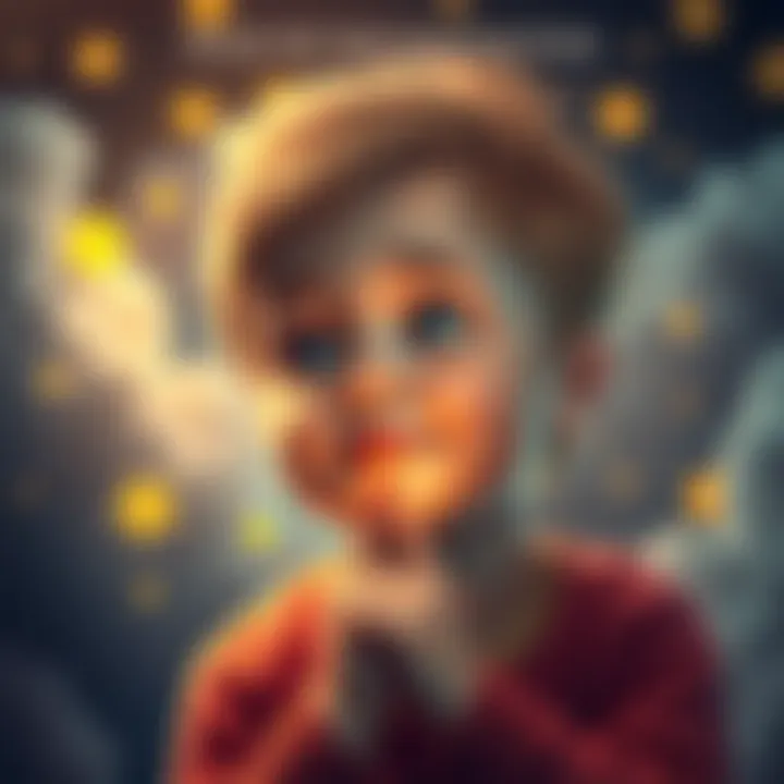 A young child pondering the concept of reincarnation with a whimsical expression, surrounded by playful elements like stars and clouds.