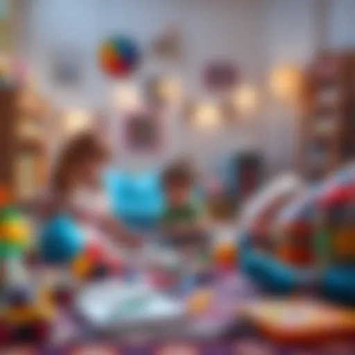 A parent finds toys, books, and art supplies scattered around a colorful toddler's room.