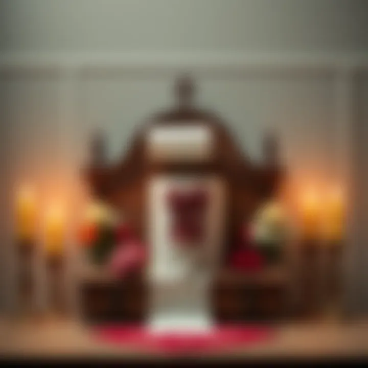 A roll of toilet paper placed on a small wooden alter with candles and flowers around it, symbolizing a mix of humor and concern.