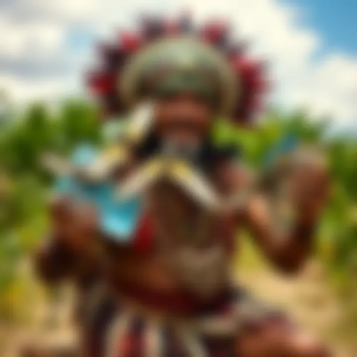 A Toltec shaman holding symbolic flyers, representing the unique spiritual perspective of Castaneda's works, surrounded by nature.