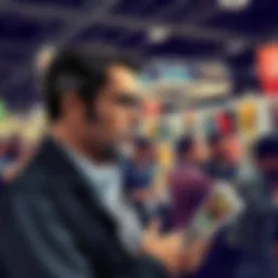Tom King, a former CIA agent, discussing his comic work at a convention, surrounded by fans and comic book art