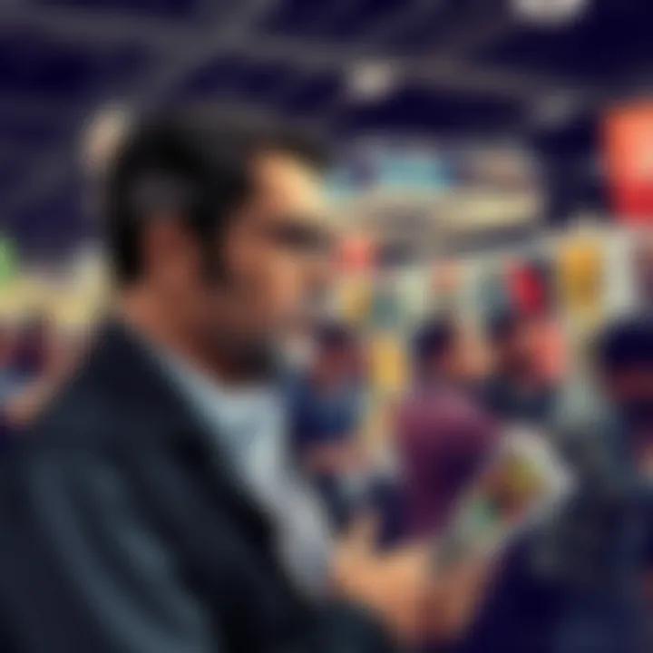 Tom King, a former CIA agent, discussing his comic work at a convention, surrounded by fans and comic book art