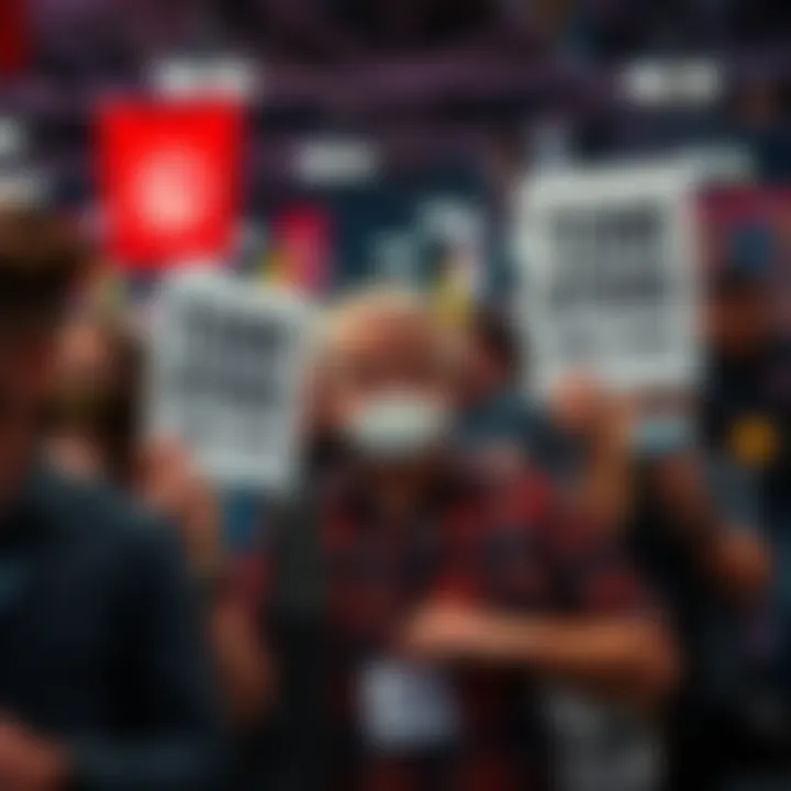 Fans holding signs about Tom Atkins' death status at a comic convention, looking confused and engaged in discussions.