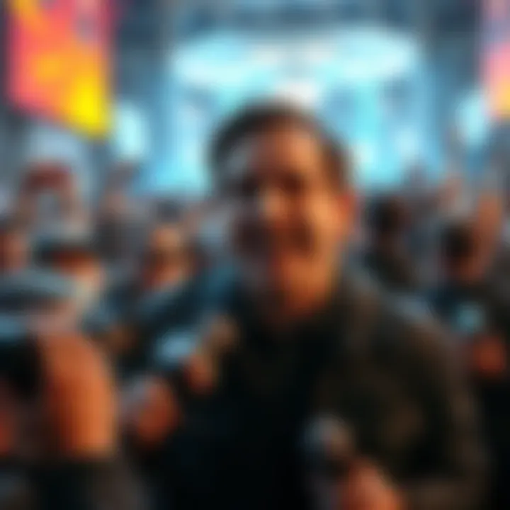 Tom DeLonge Excited About UFO Files Tom DeLonge smiling and expressing excitement about the release of UFO files, surrounded by a crowd of fans and reporters