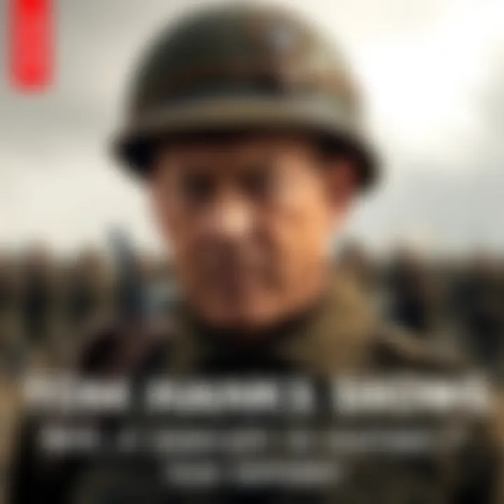 Tom Hanks in WWII Show Tom Hanks portraying a soldier in a World War II setting, featuring military gear and a dramatic backdrop of a battlefield.