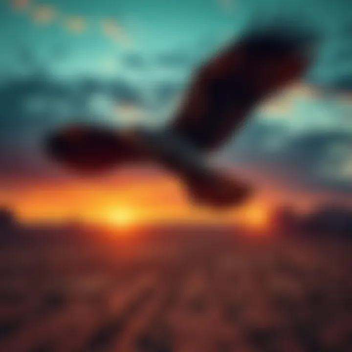 A large Thunderbird with a massive wingspan flying over a desert landscape, resembling a dragon with fierce features.