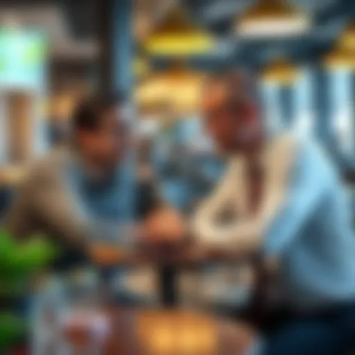 Tony and Mike have a serious conversation about business support while sitting at a cafe table.