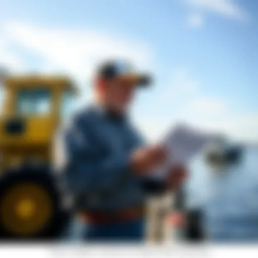 Tony looking over the water license documents by the Indian River, with dredging equipment nearby