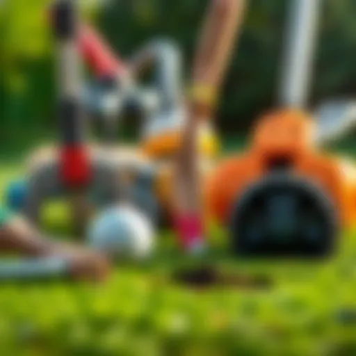 Tools for Lawn Care Various tools used for repairing divots on a lawn and golf green, including a lawn repair tool and soil compactor.