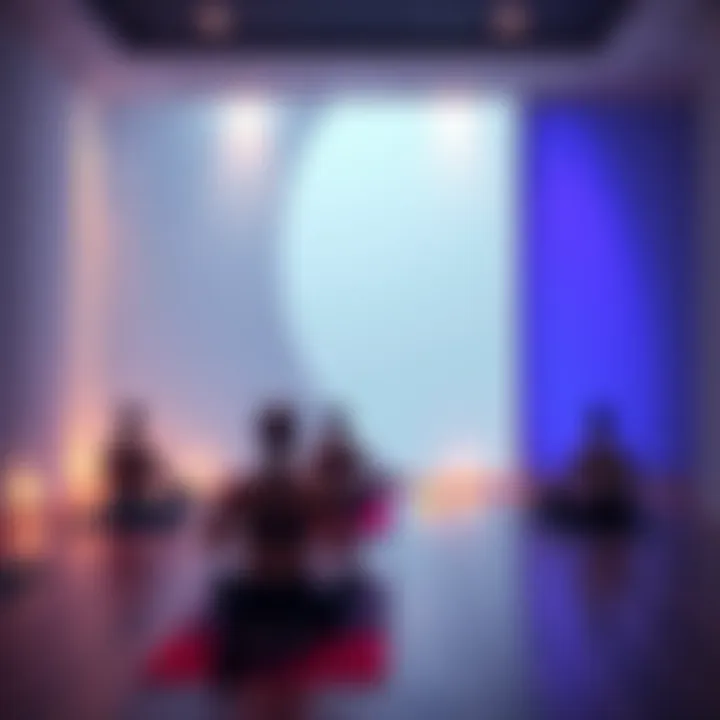 A serene yoga class scene with calming music playing, featuring images of Brian Eno, Essie Jain, Phil Cook, and Anoushka Shankar.