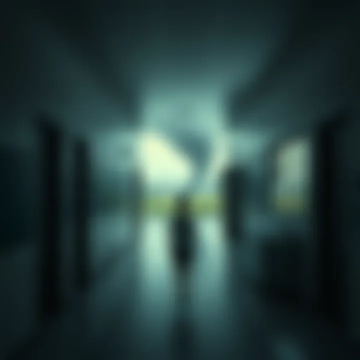 A person looking scared in an empty school hallway as a tornado rages outside the windows