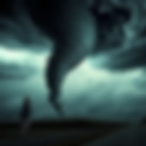 A dark tornado twisting dramatically in a stormy sky, symbolizing fears rooted in past life deaths, with a person looking up in fear.