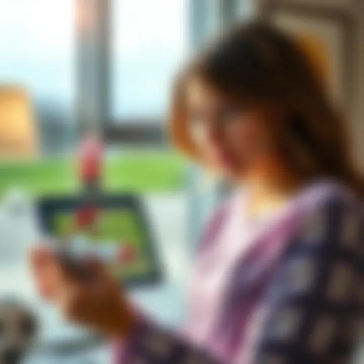 A concerned mother looks at her son's tablet displaying the Tesla AI chatbox, with soccer images in the background.
