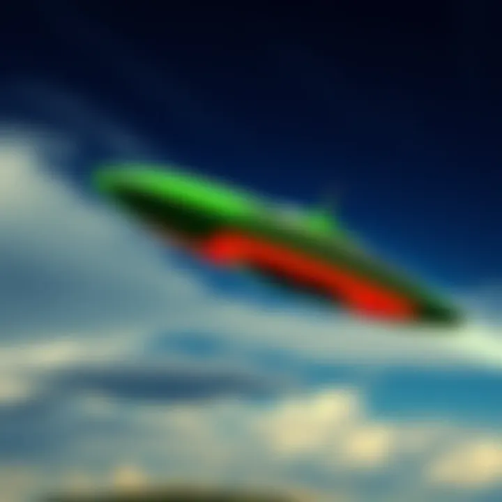 A torpedo-shaped UFO with a green top and reddish-orange bottom flying over the Shippingport Atomic Plant, moving slowly in the sky.