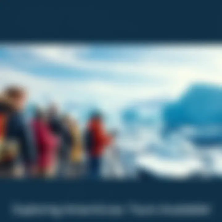 Tourists on Antarctica Cruise Group of tourists exploring Antarctica on a guided cruise, with icebergs in the background