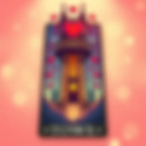 A tarot card depicting the Tower, symbolizing upheaval in love, with hearts around it, set against a soft background.