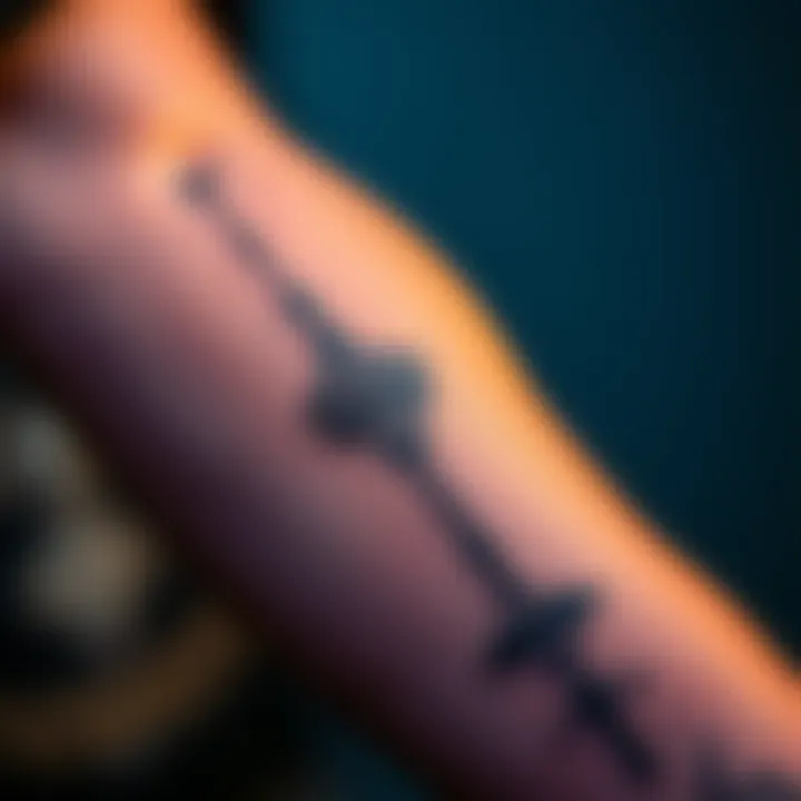 A close-up of a tower tattoo on a person's forearm, showcasing intricate details and shading.