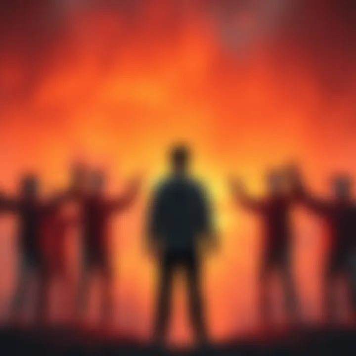 A person standing away from a group of toxic individuals who are reaching out, representing the withdrawal of energy and fixation on the individual.