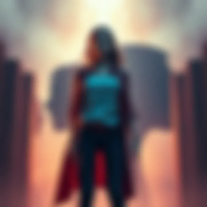 A woman standing strong against the backdrop of abstract shapes representing emotional barriers, symbolizing empowerment and self-discovery.