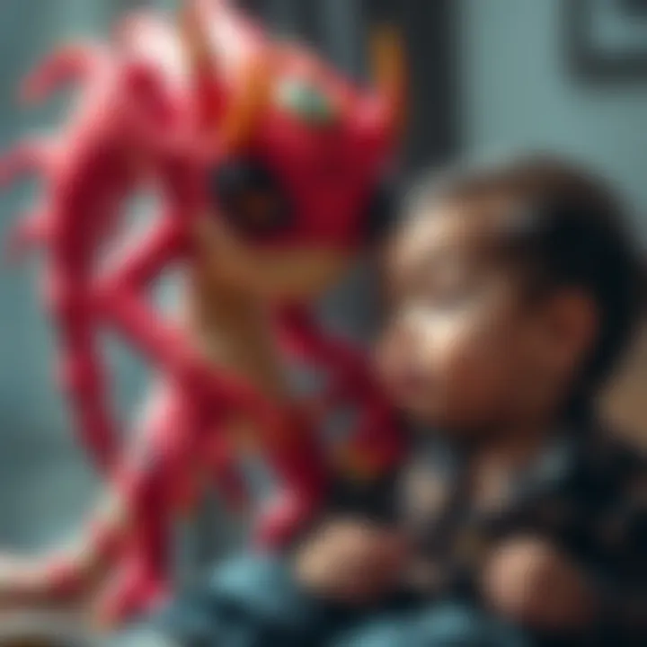 A colorful, cartoonish creature resembling a stuffed toy appears to charm a young child, inviting curiosity and wonder. The scene suggests both allure and caution.
