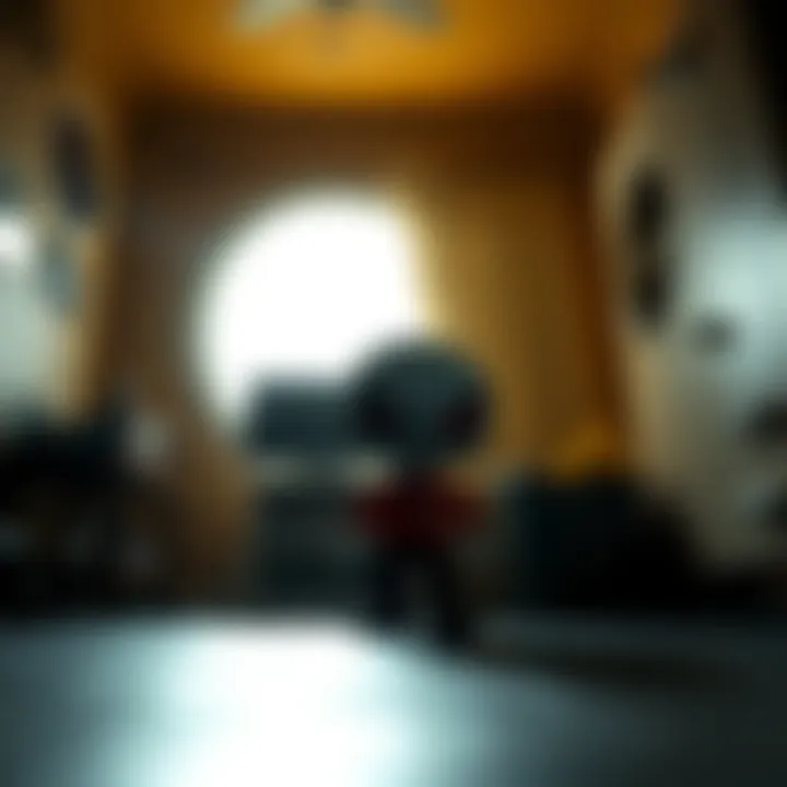 A toy figure resembling a cartoon character with dark, unsettling eyes, standing in a dimly lit room, suggesting a hidden danger to children.
