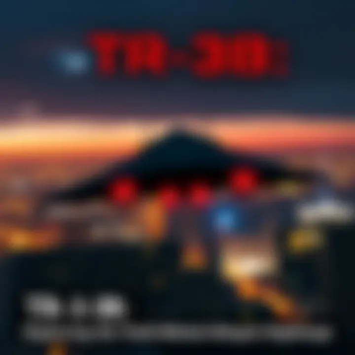 A dark, triangular aircraft flying over a city skyline at night with bright lights beneath it